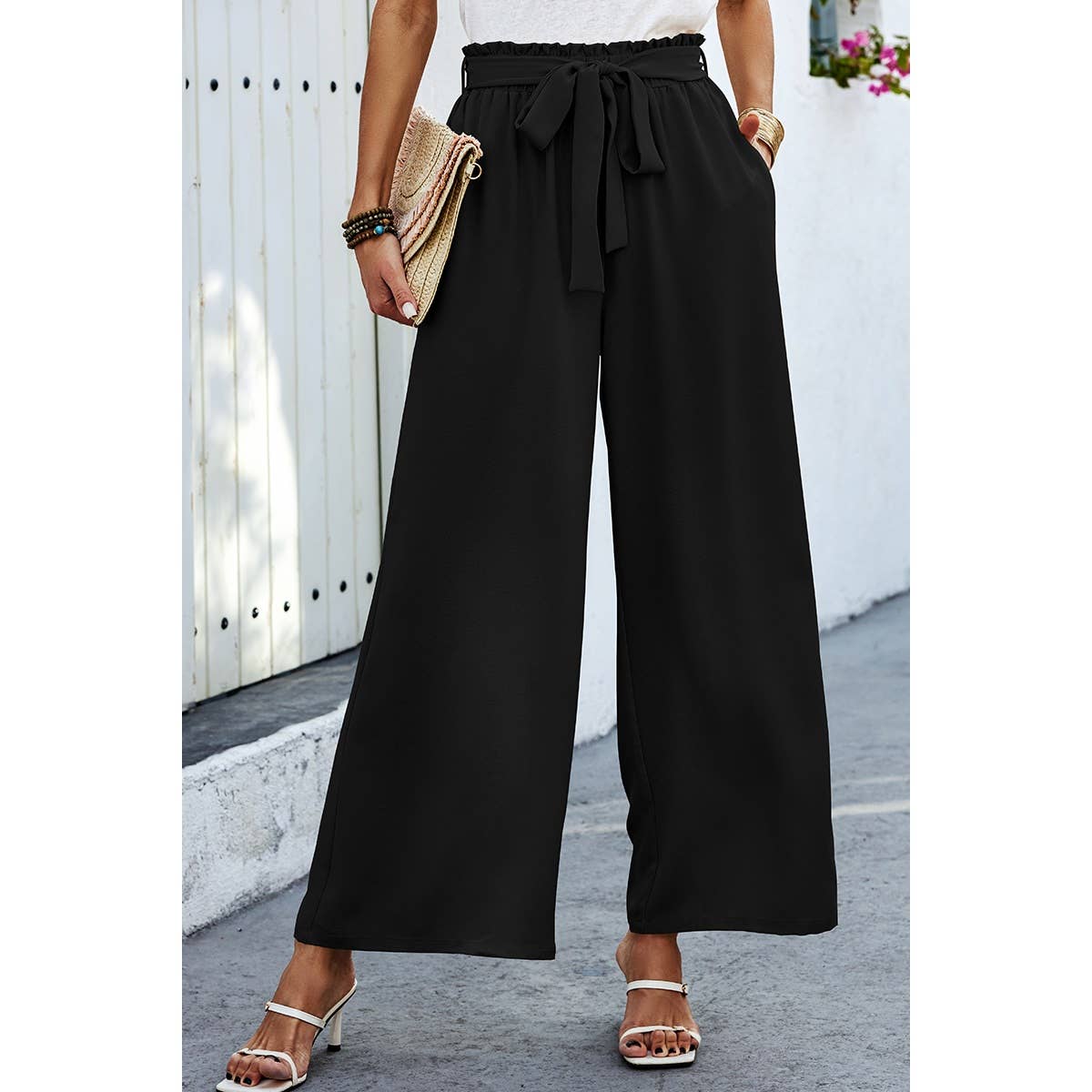 Elastic Waist Belt Pockets Wide Leg Pant