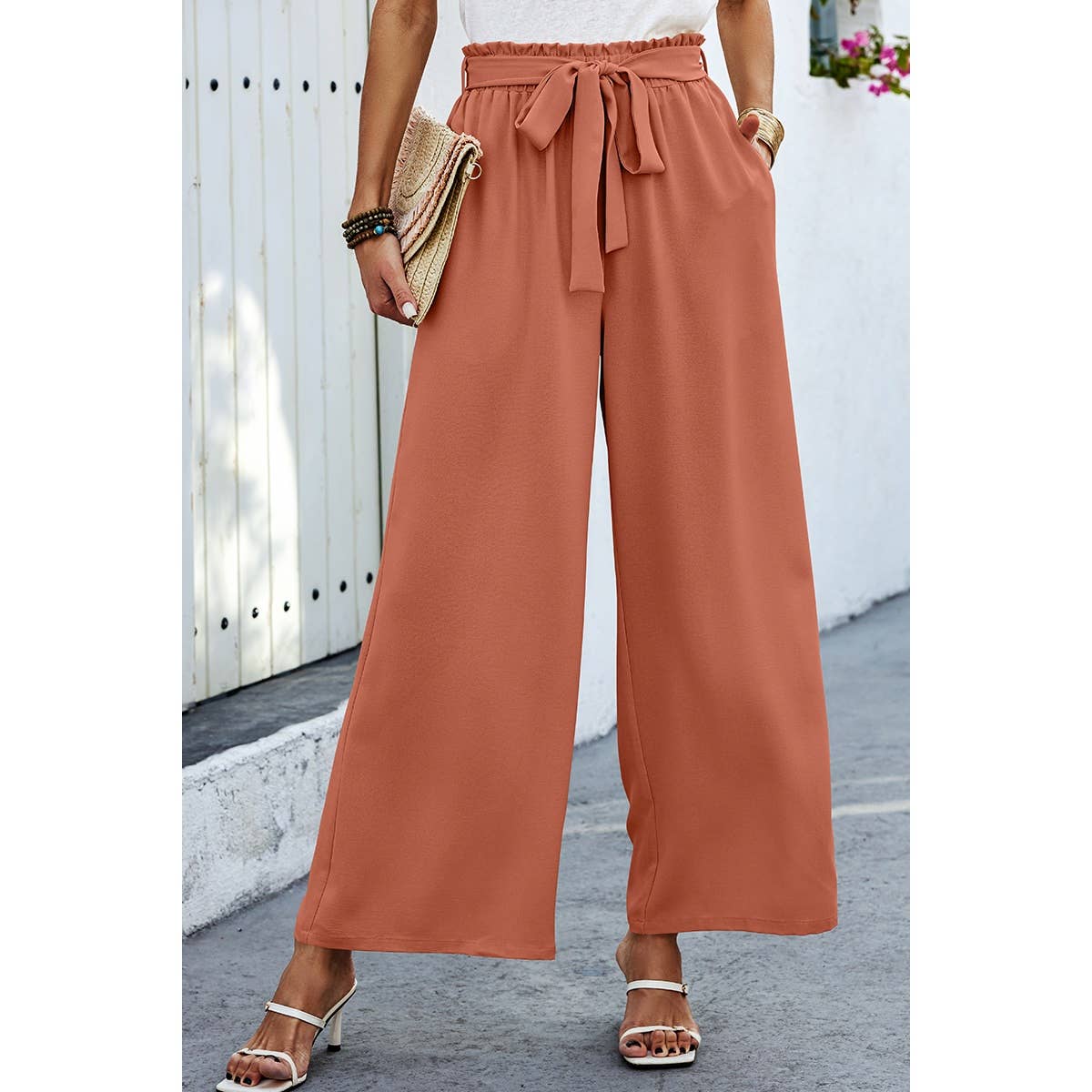 Elastic Waist Belt Pockets Wide Leg Pant