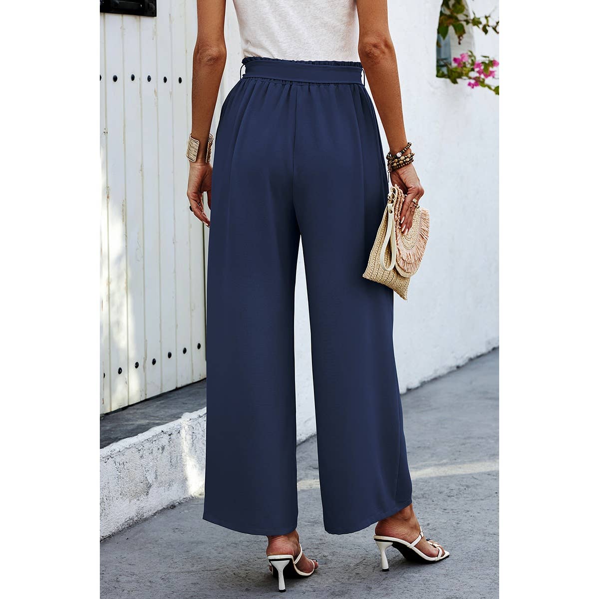 Elastic Waist Belt Pockets Wide Leg Pant