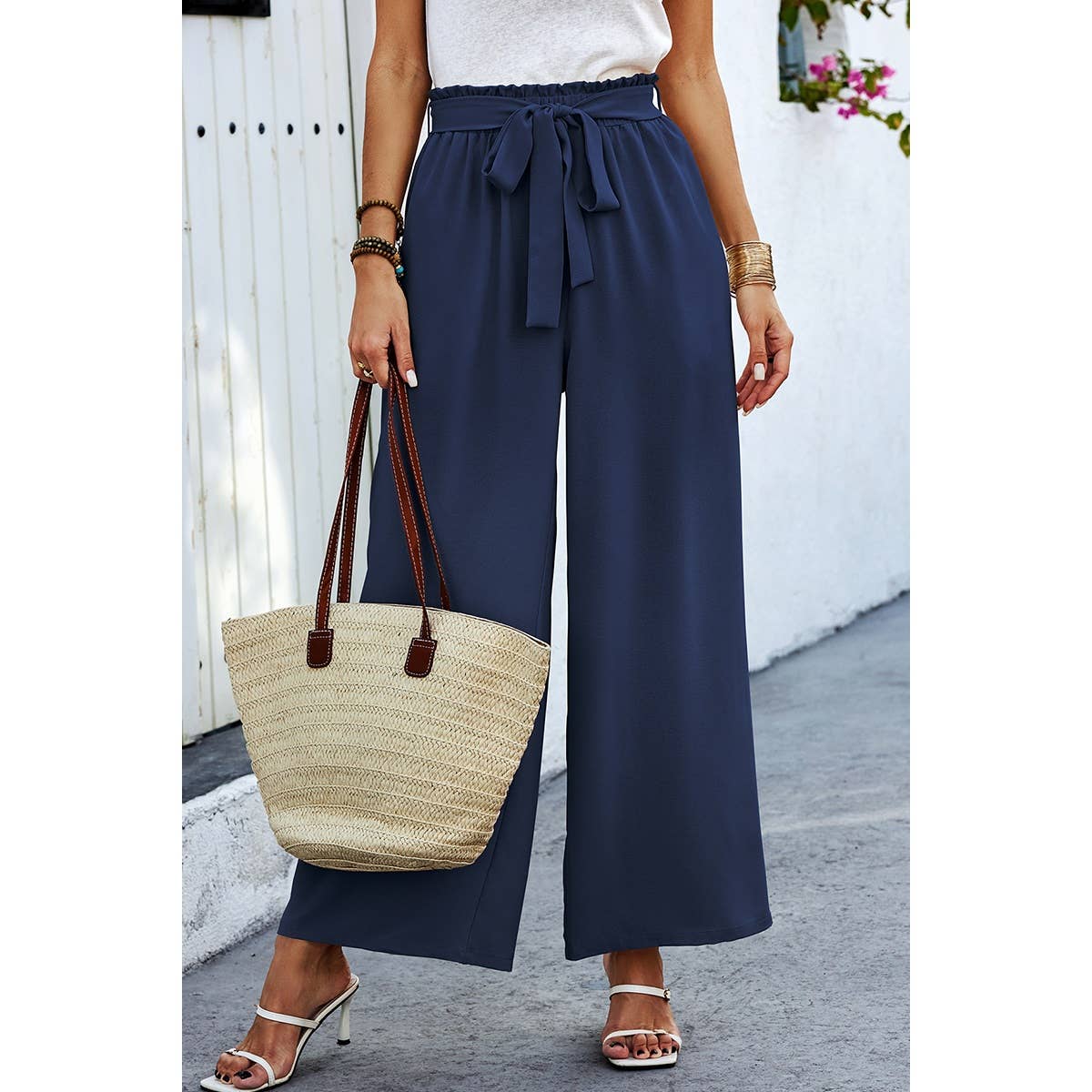 Elastic Waist Belt Pockets Wide Leg Pant