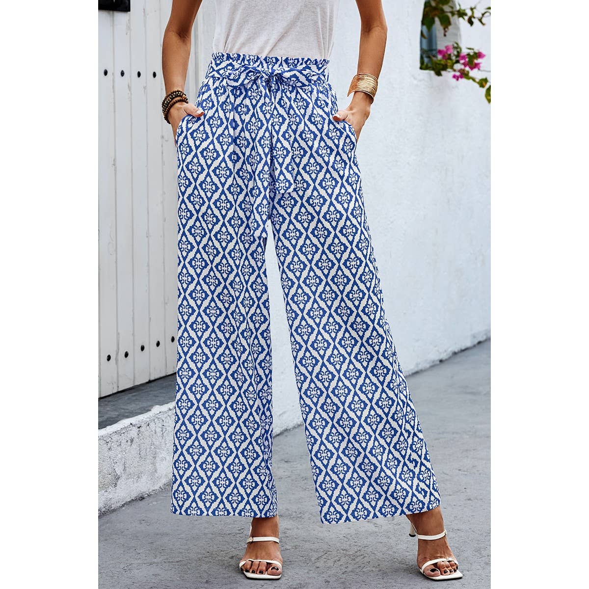 Elastic Waist Belt Pockets Wide Leg Pant