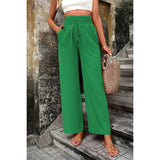 Elastic Waist Solid Pockets Button Trim Pants