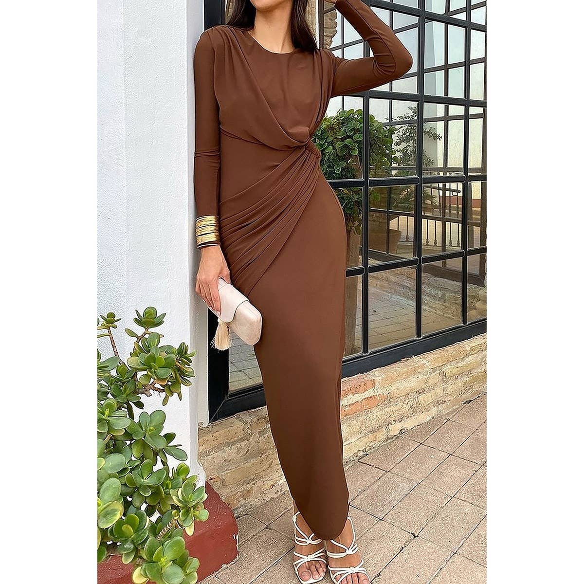 Elegant Round Neck Solid Ruched Wrap Hem Dress