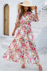 Floral Cross V Neck Belt Side Open Fit Dress - ELINGS.COM