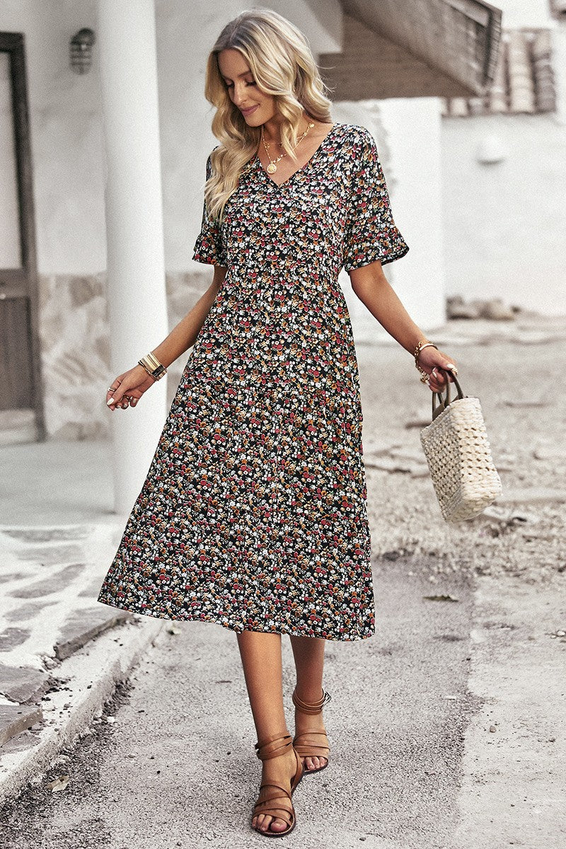 Floral Print Fit Ruffle Sleeve Midi Dress