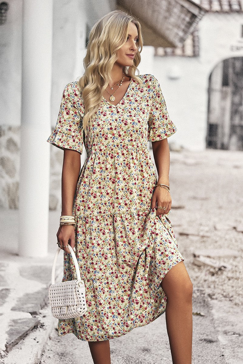 Floral Print Fit Ruffle Sleeve Midi Dress