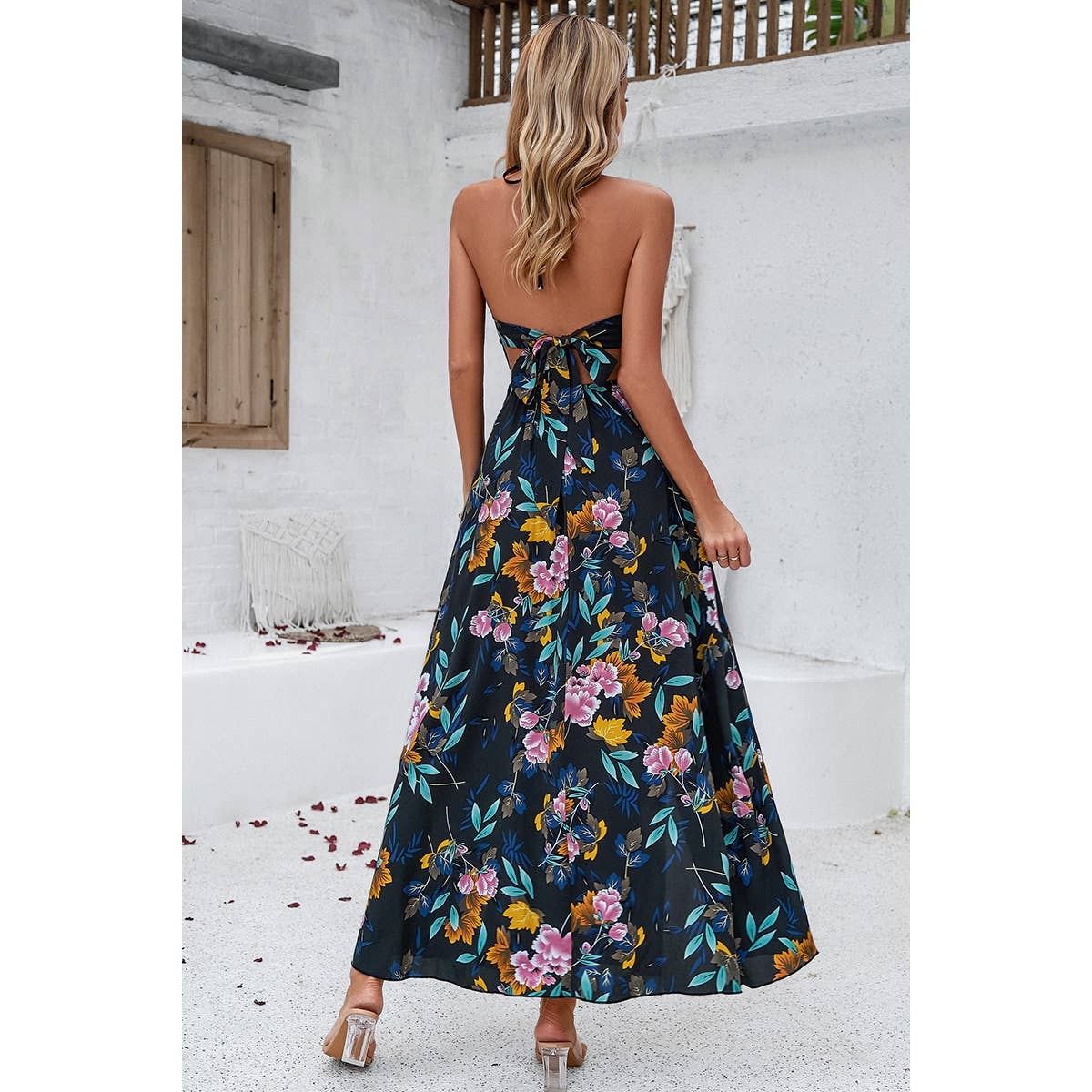 Floral Back Knot Sleeveless Ruched Side Open Dress