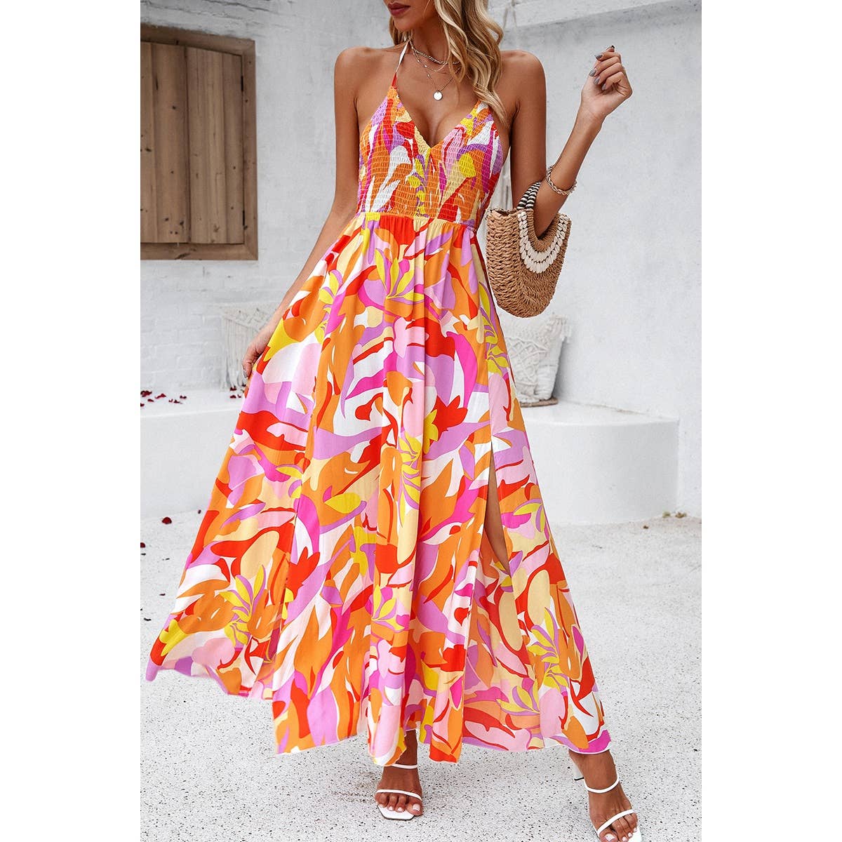 Floral Back Knot Sleeveless Ruched Side Open Dress