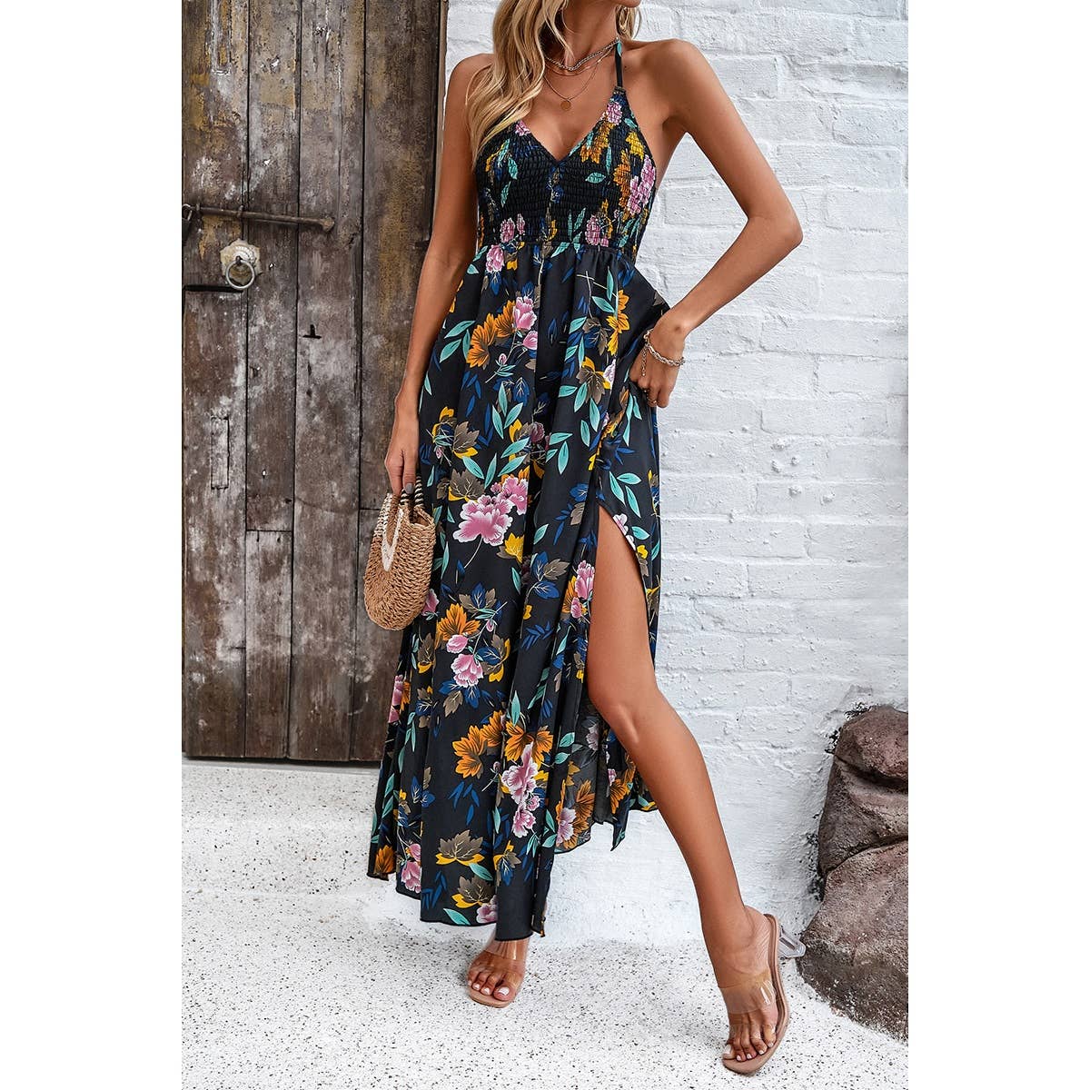 Floral Back Knot Sleeveless Ruched Side Open Dress