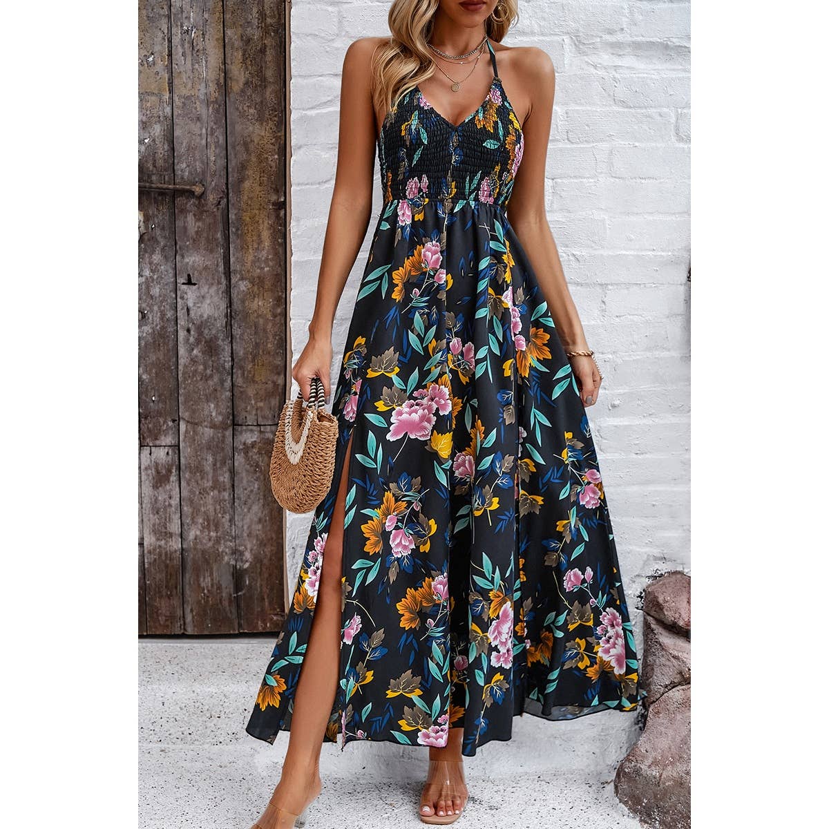 Floral Back Knot Sleeveless Ruched Side Open Dress | Dress - Women's | Dress, F, FEB 2024, floral, maxi dress, new arrival | Elings