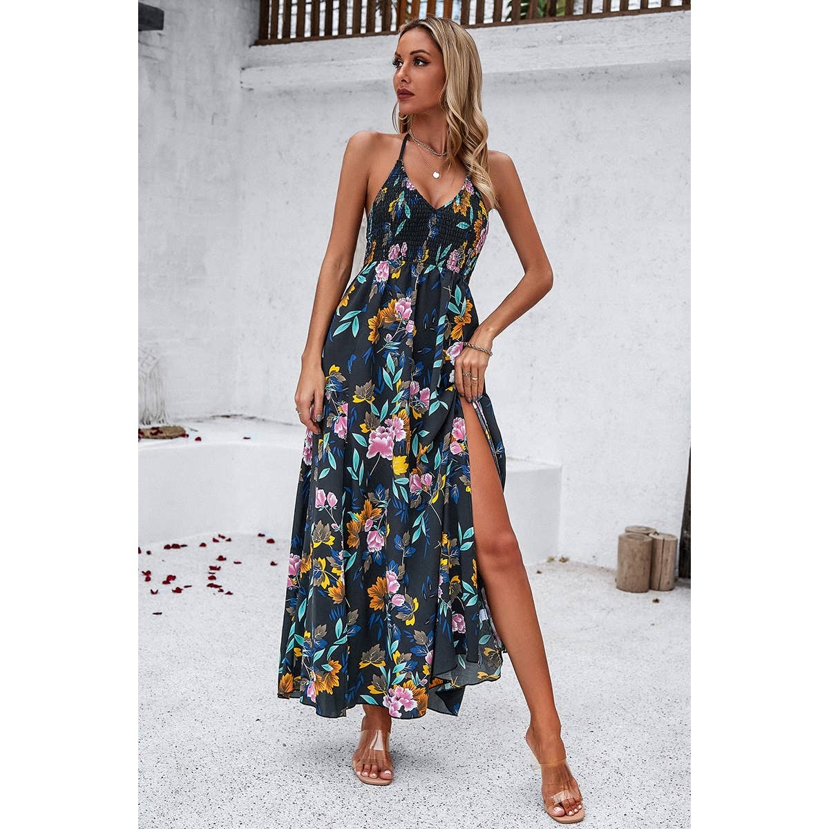 Floral Back Knot Sleeveless Ruched Side Open Dress