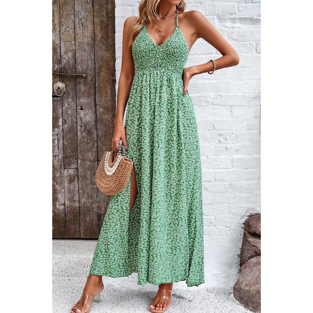 Floral Back Knot Sleeveless Ruched Side Open Dress