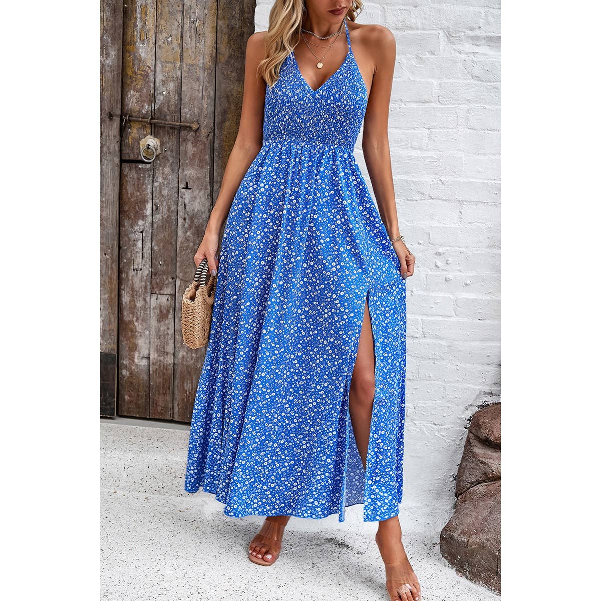 Floral Back Knot Sleeveless Ruched Side Open Dress