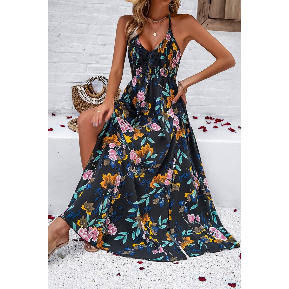 Floral Back Knot Sleeveless Ruched Side Open Dress