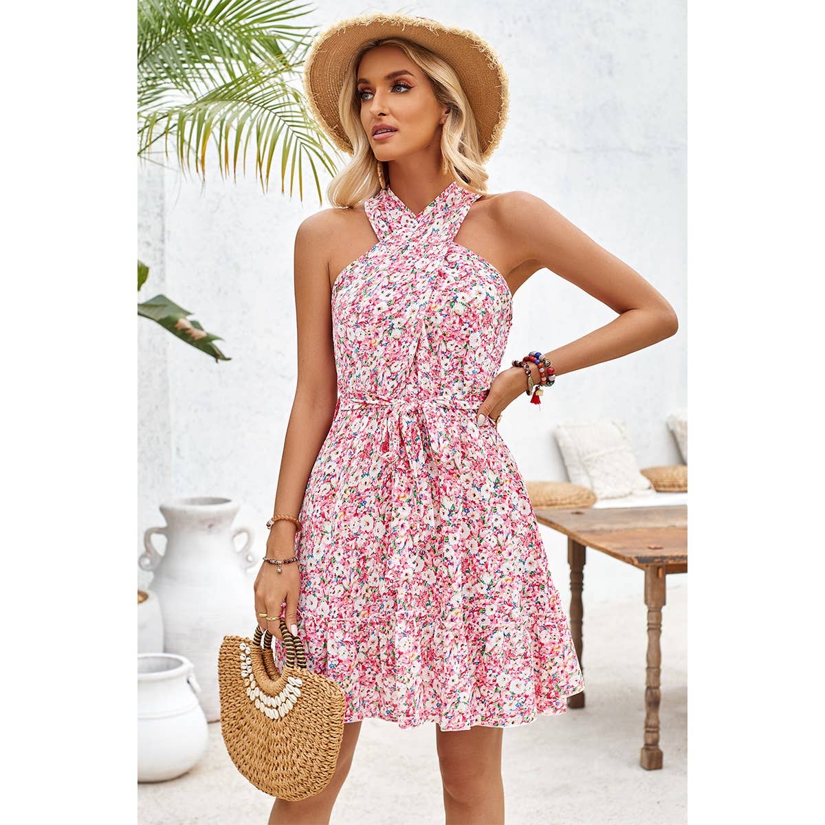 Floral Halter Cross Belt Ruffle Midi Dress