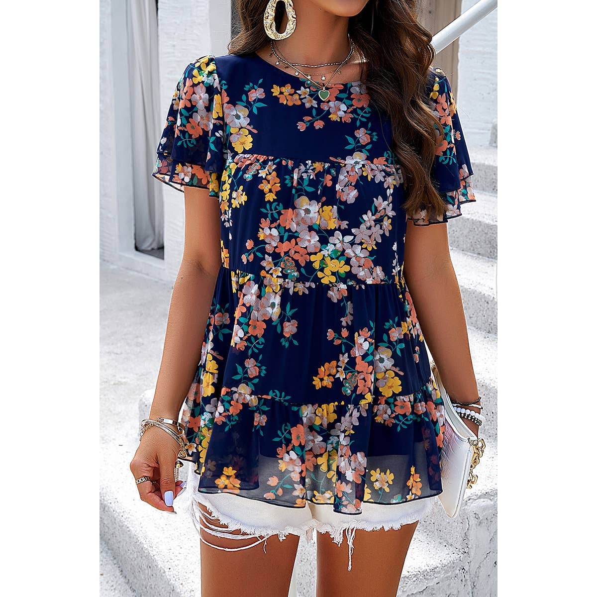 Floral Lined Ruffle Sleeves Round Neck Loose Top - Elings