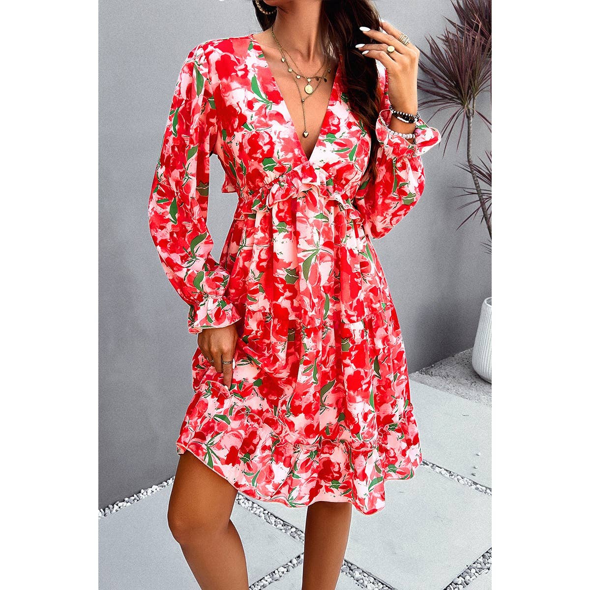 Floral Print Open Back Knot Hem Ruffle Dress