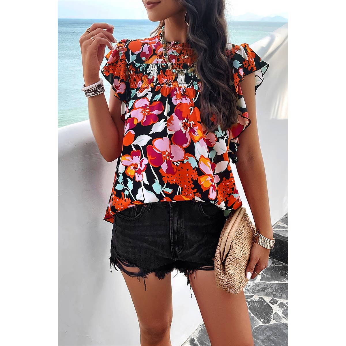 Floral Print Ruched Loose Fit Flutter Sleeve Top - Elings