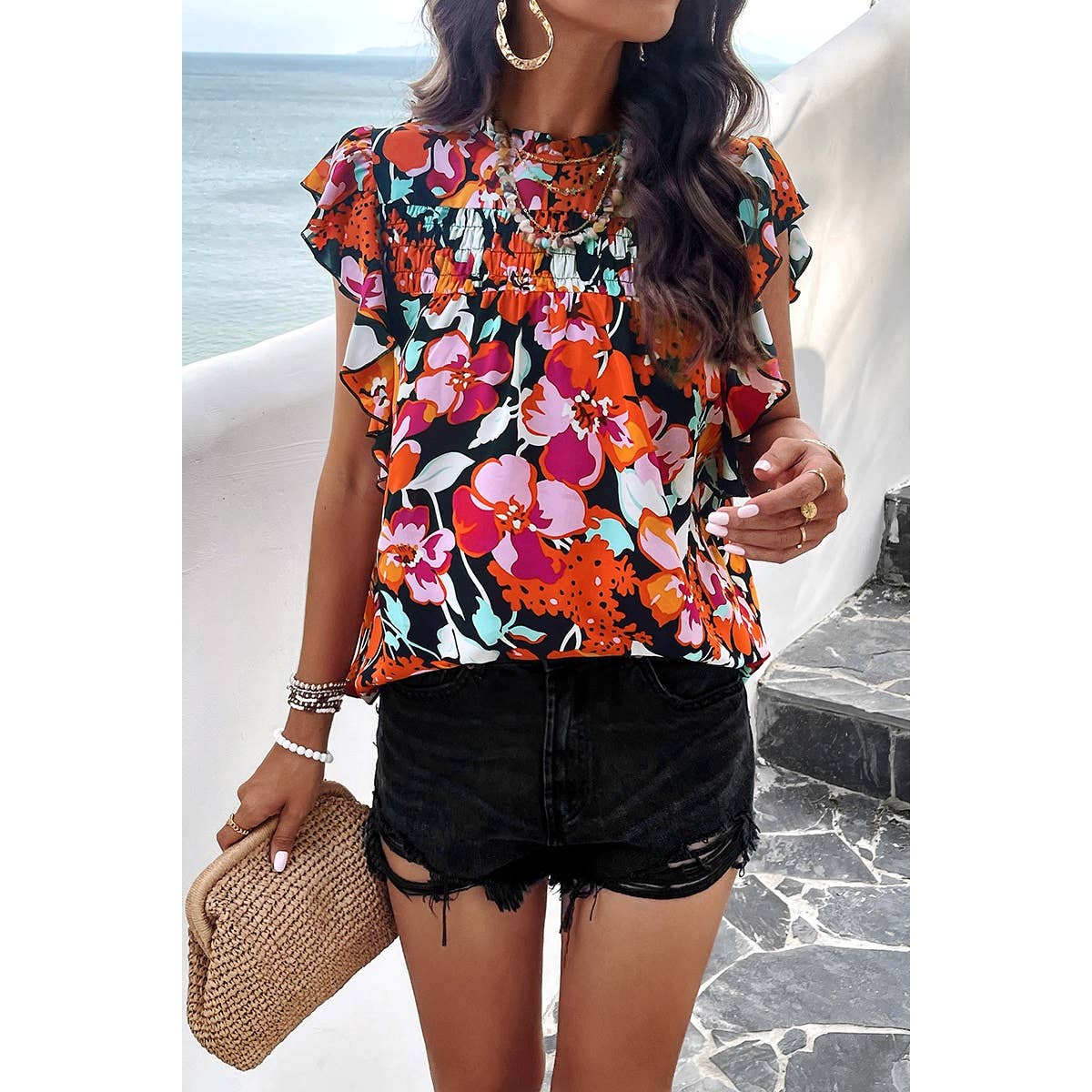 Floral Print Ruched Loose Fit Flutter Sleeve Top - Elings