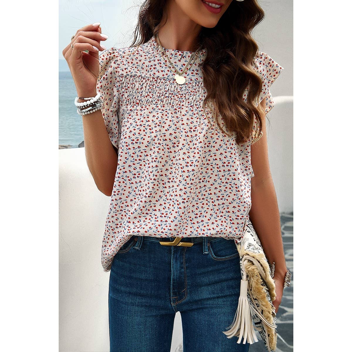 Floral Print Ruched Loose Fit Flutter Sleeve Top - Elings