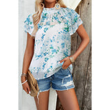 Floral Print Ruched Ruffle Sleeves Muslin Fit Top - Elings