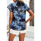 Floral Print Ruched Ruffle Sleeves Muslin Fit Top - Elings