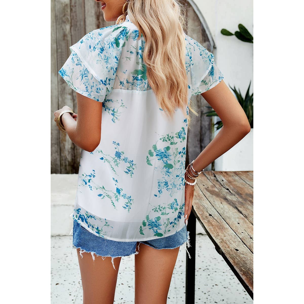 Floral Print Ruched Ruffle Sleeves Muslin Fit Top - Elings