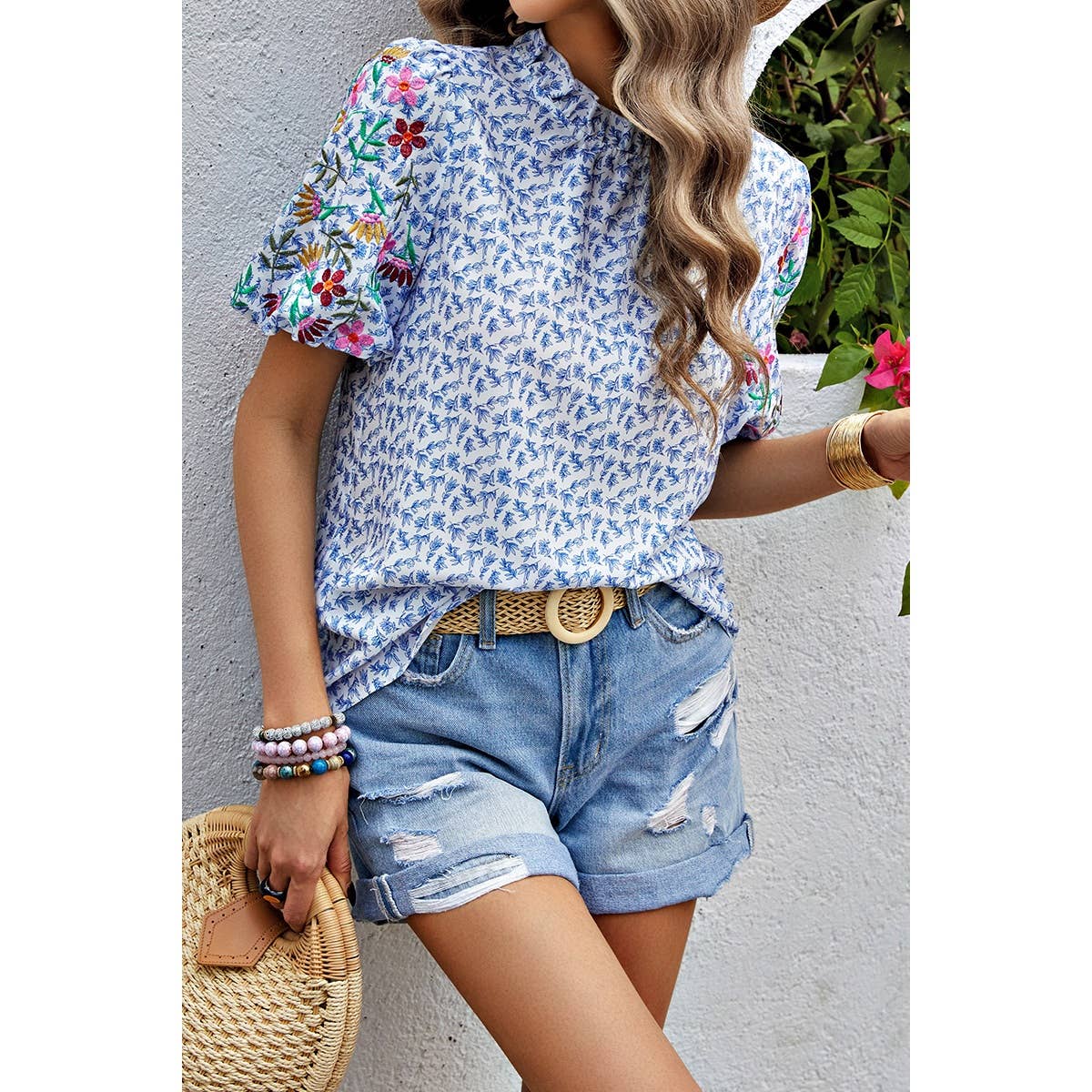 Floral Puff Sleeves Loose Fit Button Blouse