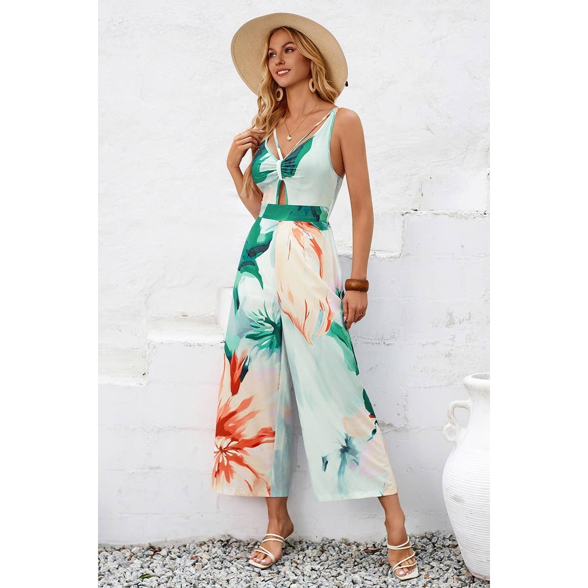 Floral Ruched Cut Out Cross Low Back Jumpsuit