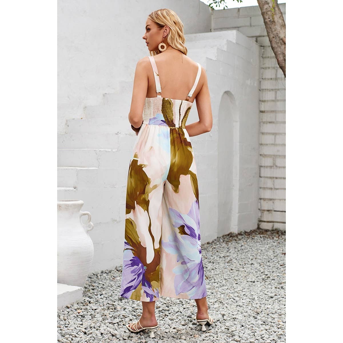 Floral Ruched Cut Out Cross Low Back Jumpsuit