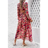 Floral V Neck Knot Open Back A Line Dress