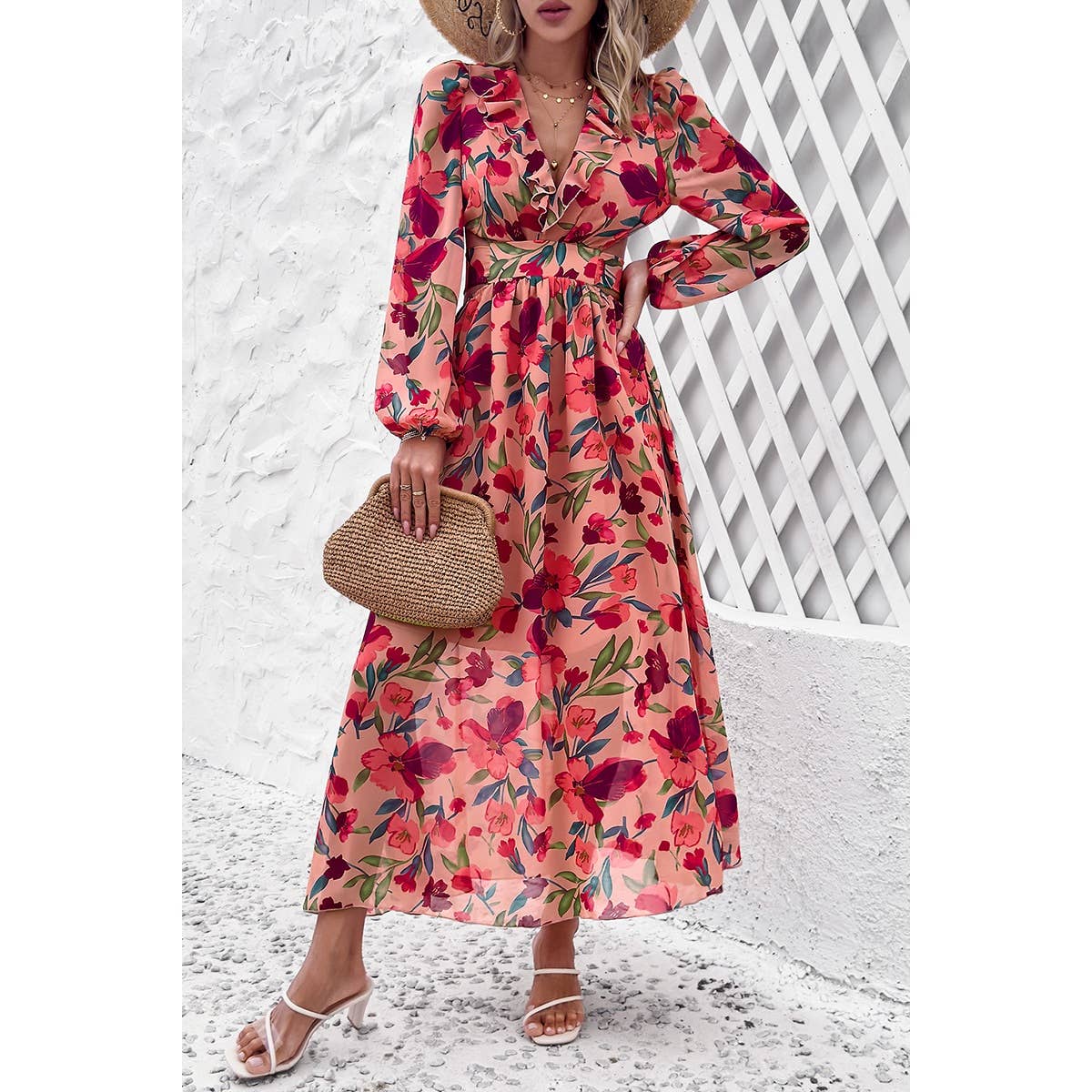 Floral V Neck Knot Open Back A Line Dress