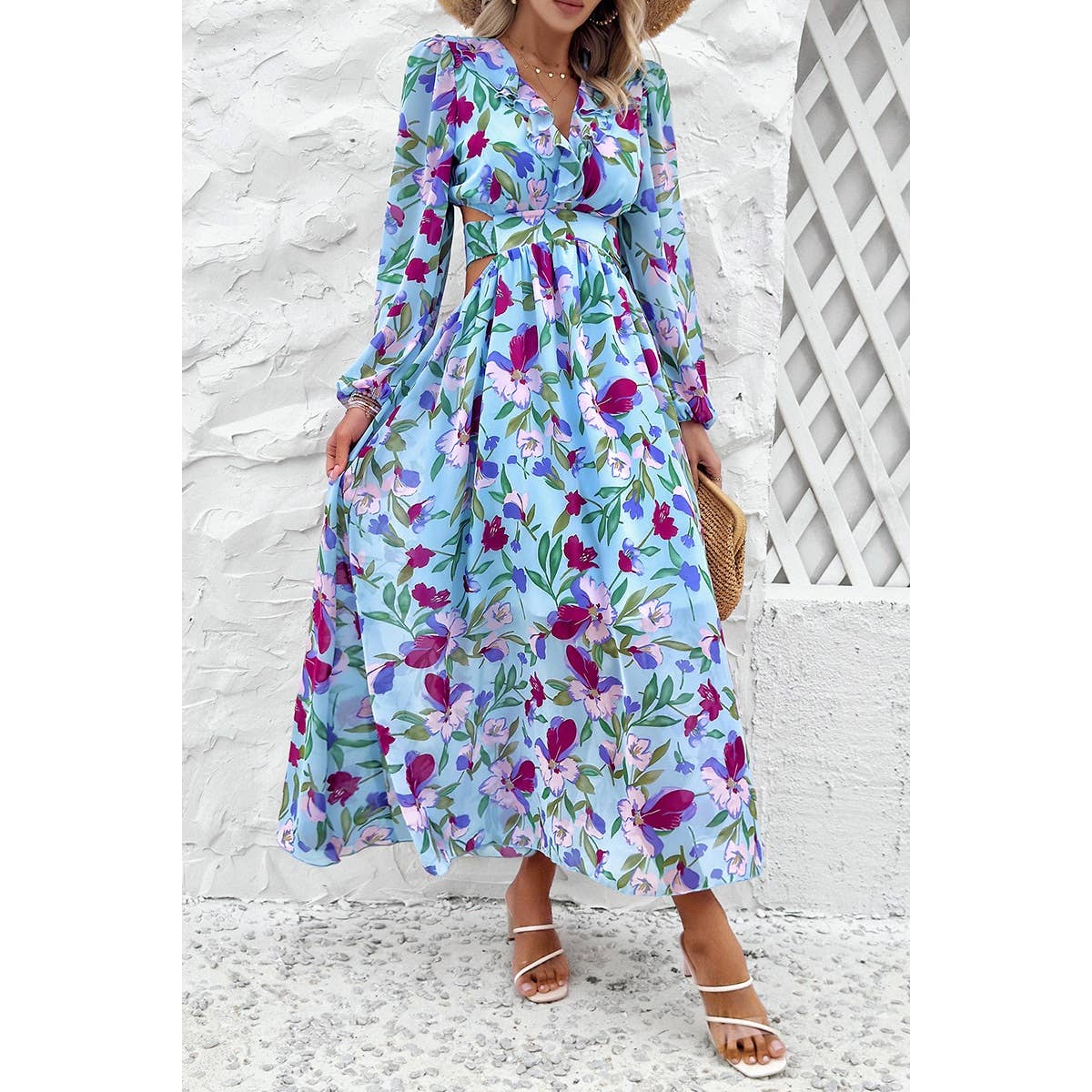 Floral V Neck Knot Open Back A Line Dress