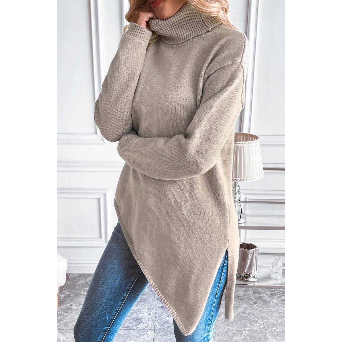 Fold Over Mock Neck Asymmetrical Hem Knit Sweater