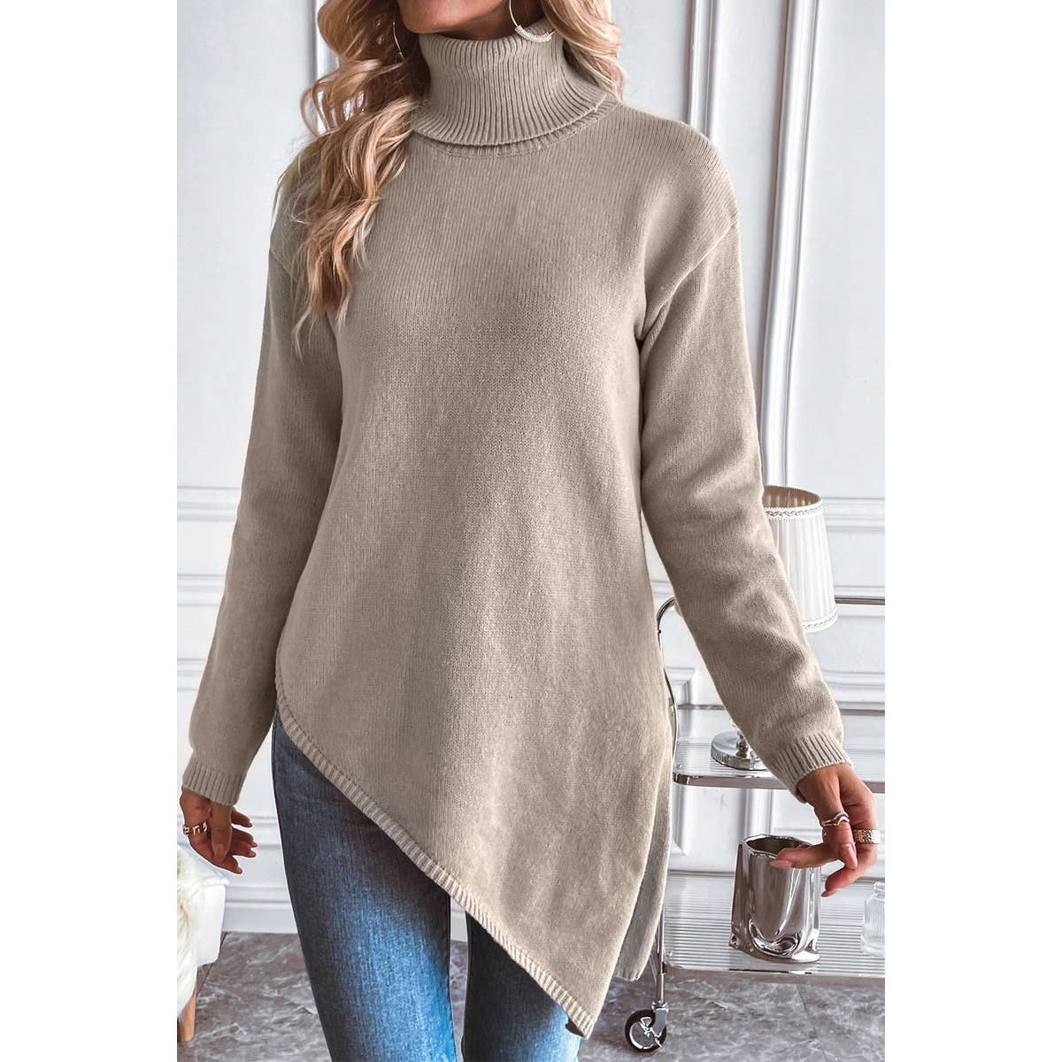 Fold Over Mock Neck Asymmetrical Hem Knit Sweater