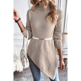 Fold Over Mock Neck Asymmetrical Hem Knit Sweater