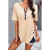 Half Zipper Button Trim Asymmetrical Hem Fit Top