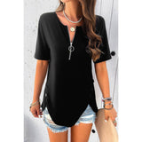 Half Zipper Button Trim Asymmetrical Hem Fit Top