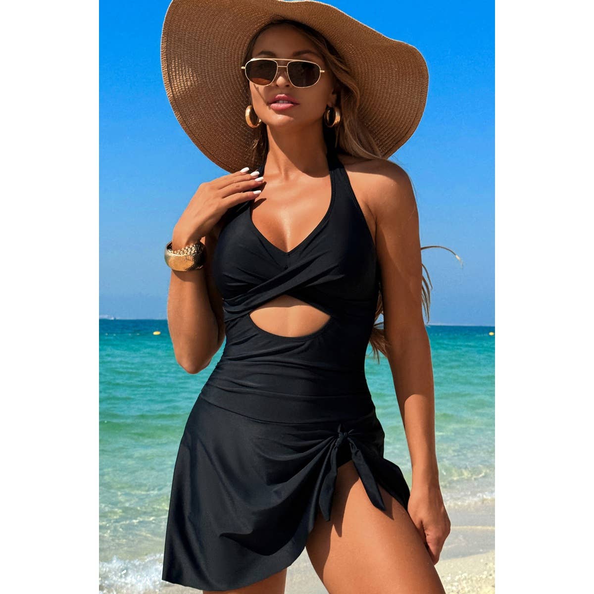 Halter Neck Twisted Tie Knot Front Dress Swimsuit