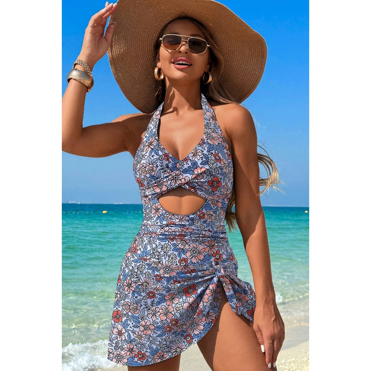 Halter Neck Twisted Tie Knot Front Dress Swimsuit