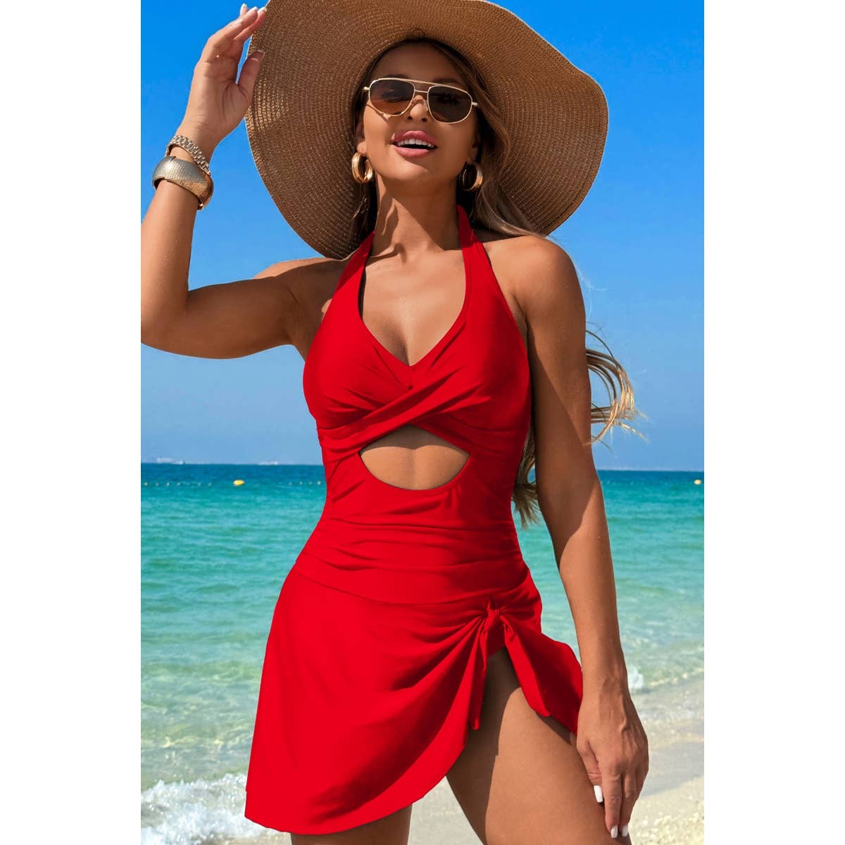 Halter Neck Twisted Tie Knot Front Dress Swimsuit