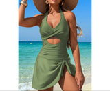 Halter Neck Twisted Tie Knot Front Dress Swimsuit | One Piece Swim Suit - Women's | F, new arrival, one piece, shoppe247, swimsuit | Elings