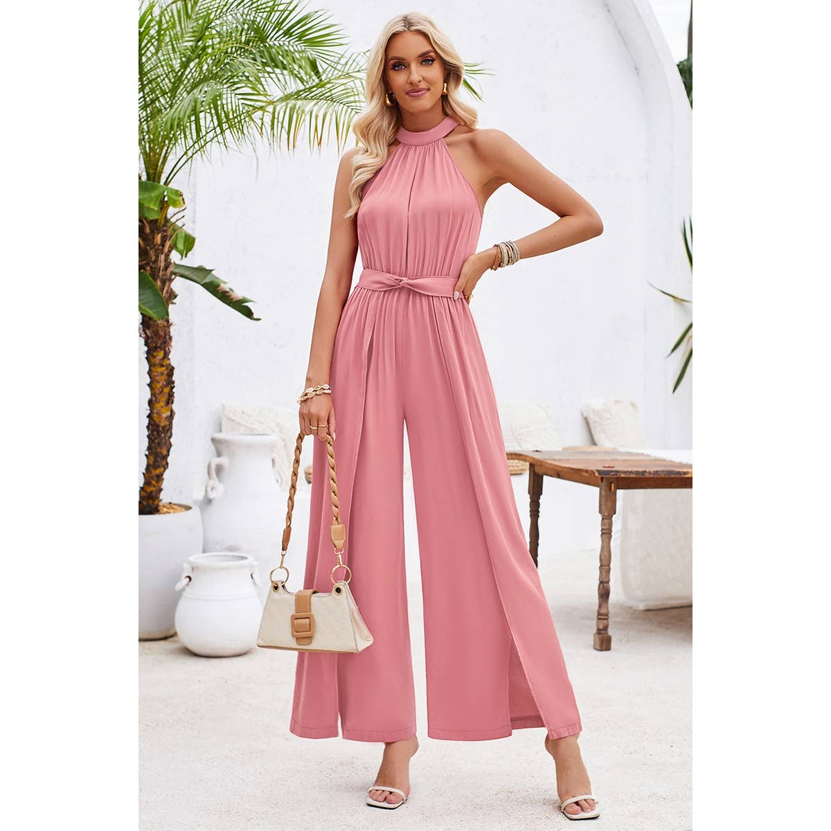 Halter Sleeveless Belt Side Open Ruched Jumpsuit