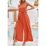 Halter Sleeveless Belt Side Open Ruched Jumpsuit