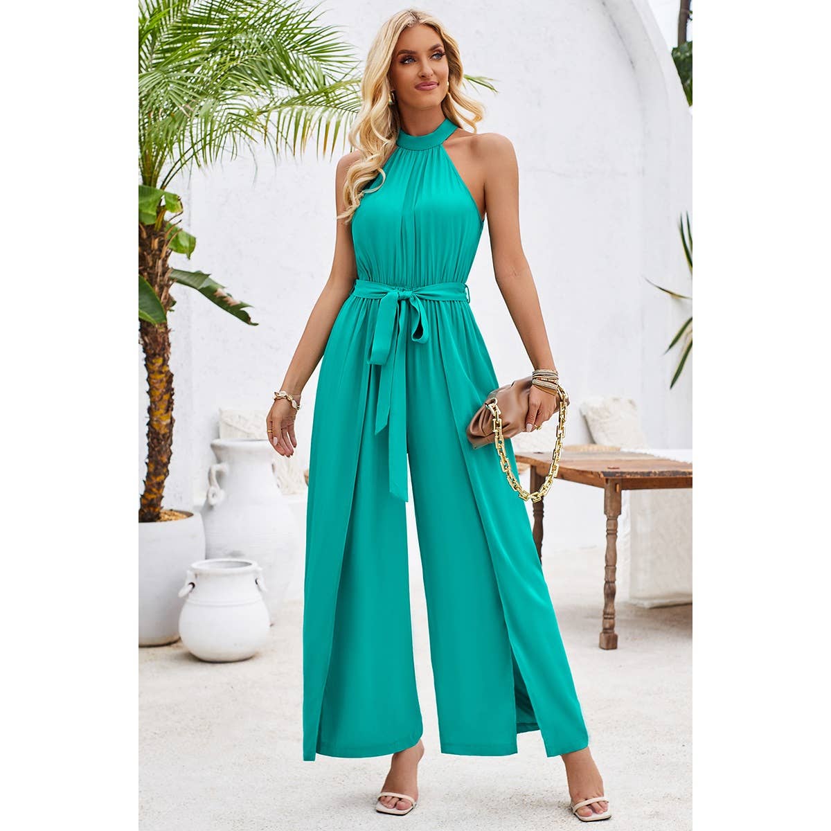 Halter Sleeveless Belt Side Open Ruched Jumpsuit