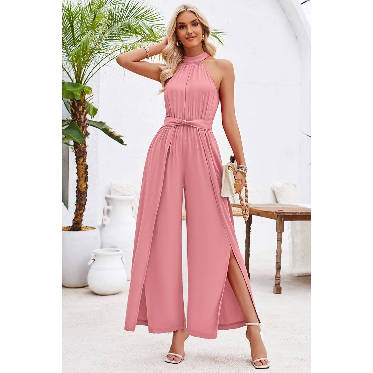 Halter Sleeveless Belt Side Open Ruched Jumpsuit