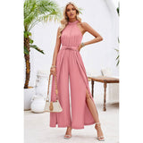 Halter Sleeveless Belt Side Open Ruched Jumpsuit