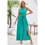 Halter Sleeveless Belt Side Open Ruched Jumpsuit