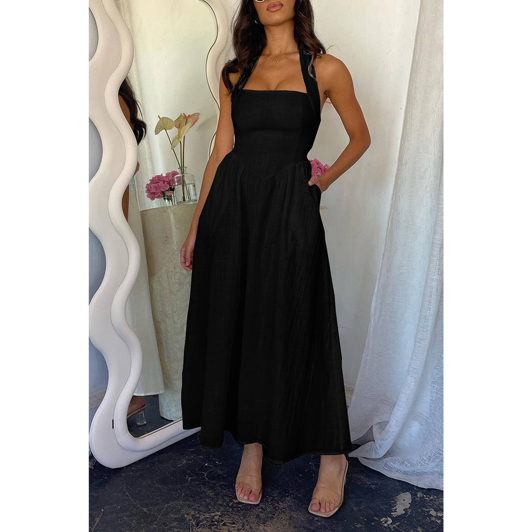 Halter Solid Pockets Sleeveless A Line Long Dress