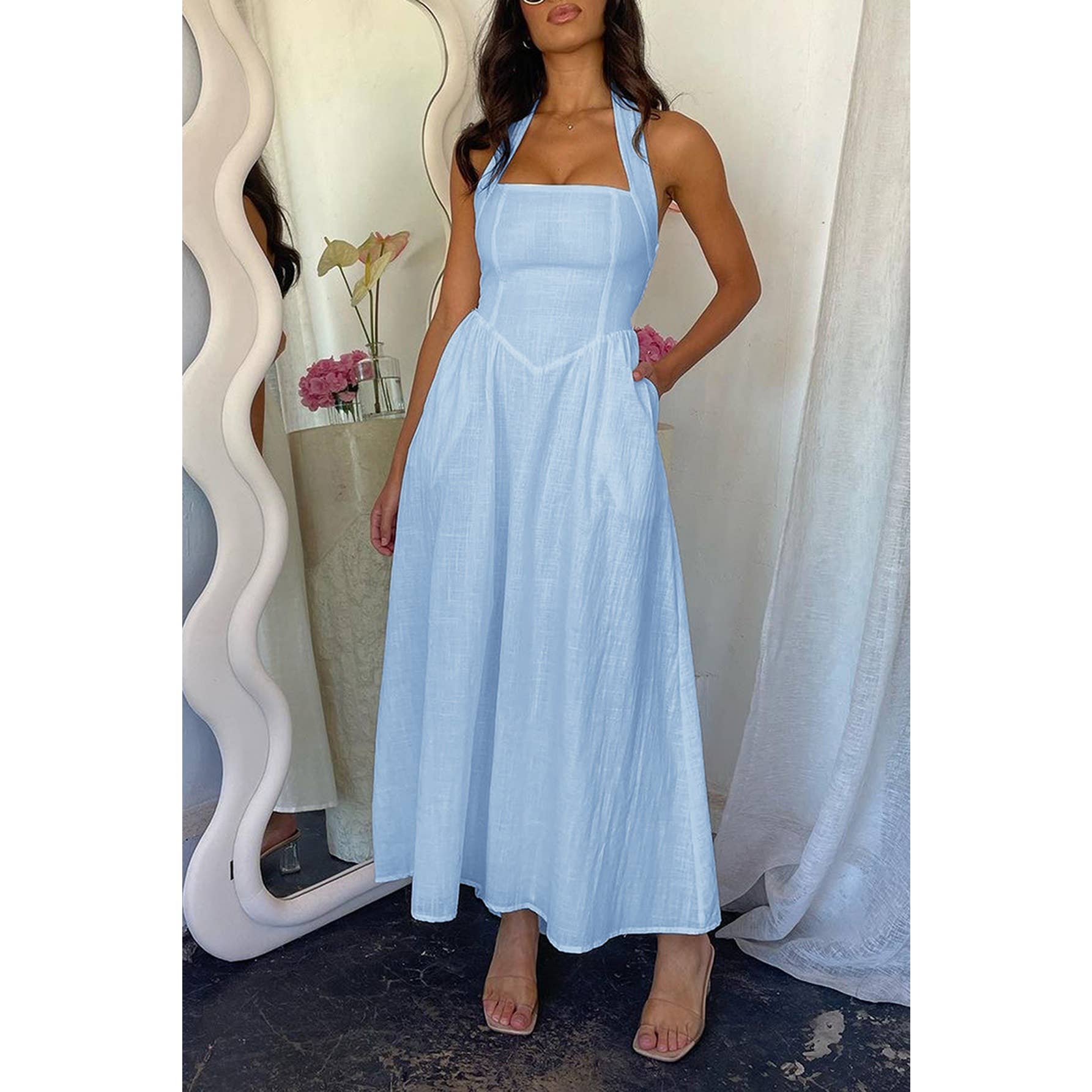 Halter Solid Pockets Sleeveless A Line Long Dress